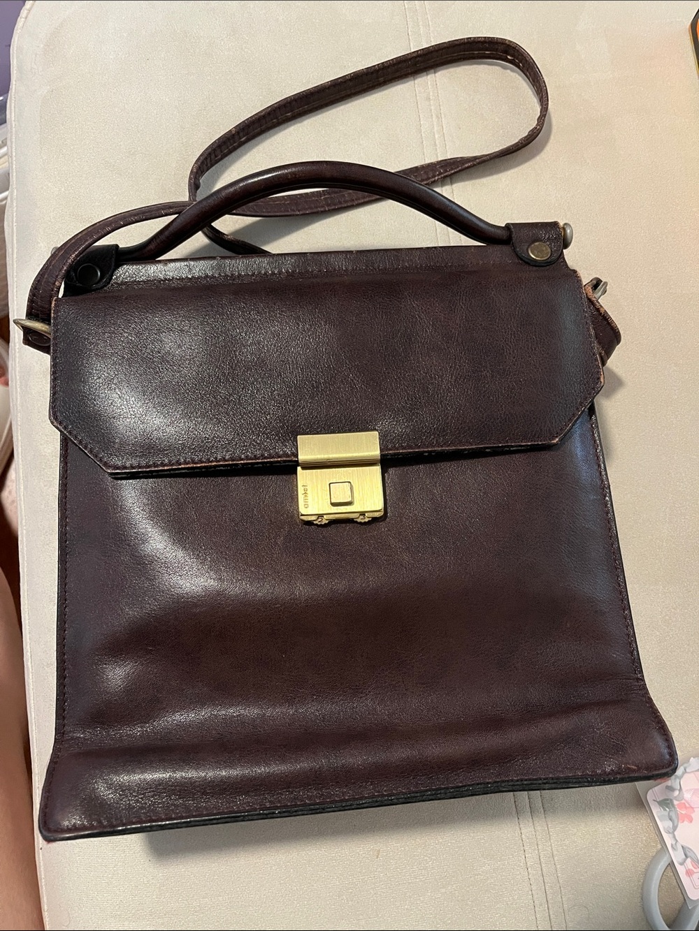 Vintage Brown Leather Satchel Shoulder Bag Amiet Lock 10” Structured with Handle